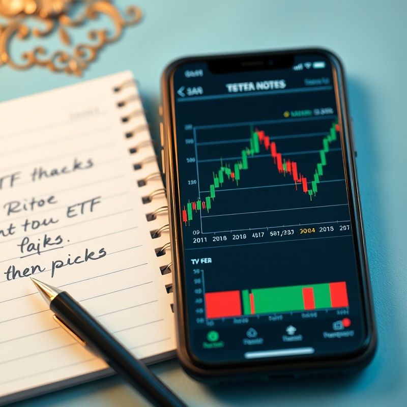 Smartphone s grafem akcií a poznámky k ETF na azurovém pozadí